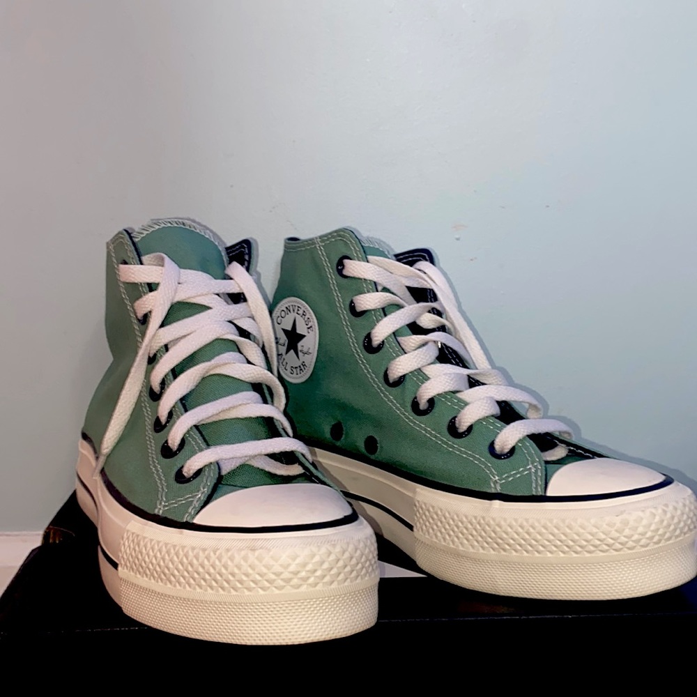 Sage green platform high top converse